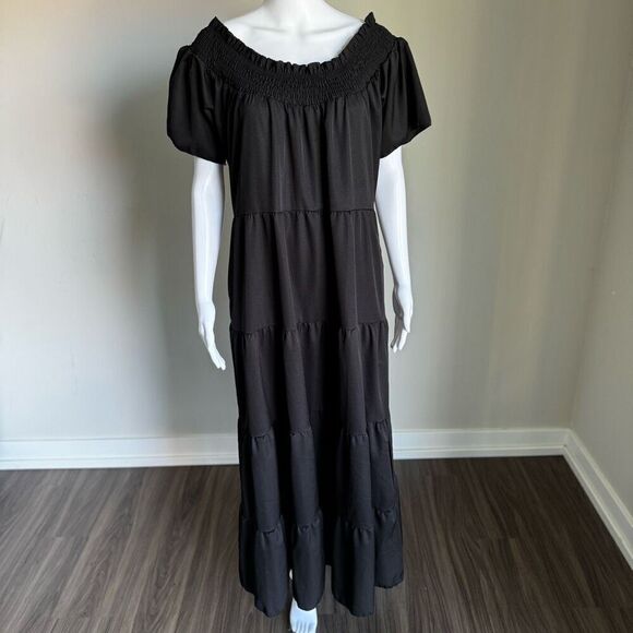 Smock Tiered Maxi Dress With Side Pockets Black Size XL - Picture 2 of 6